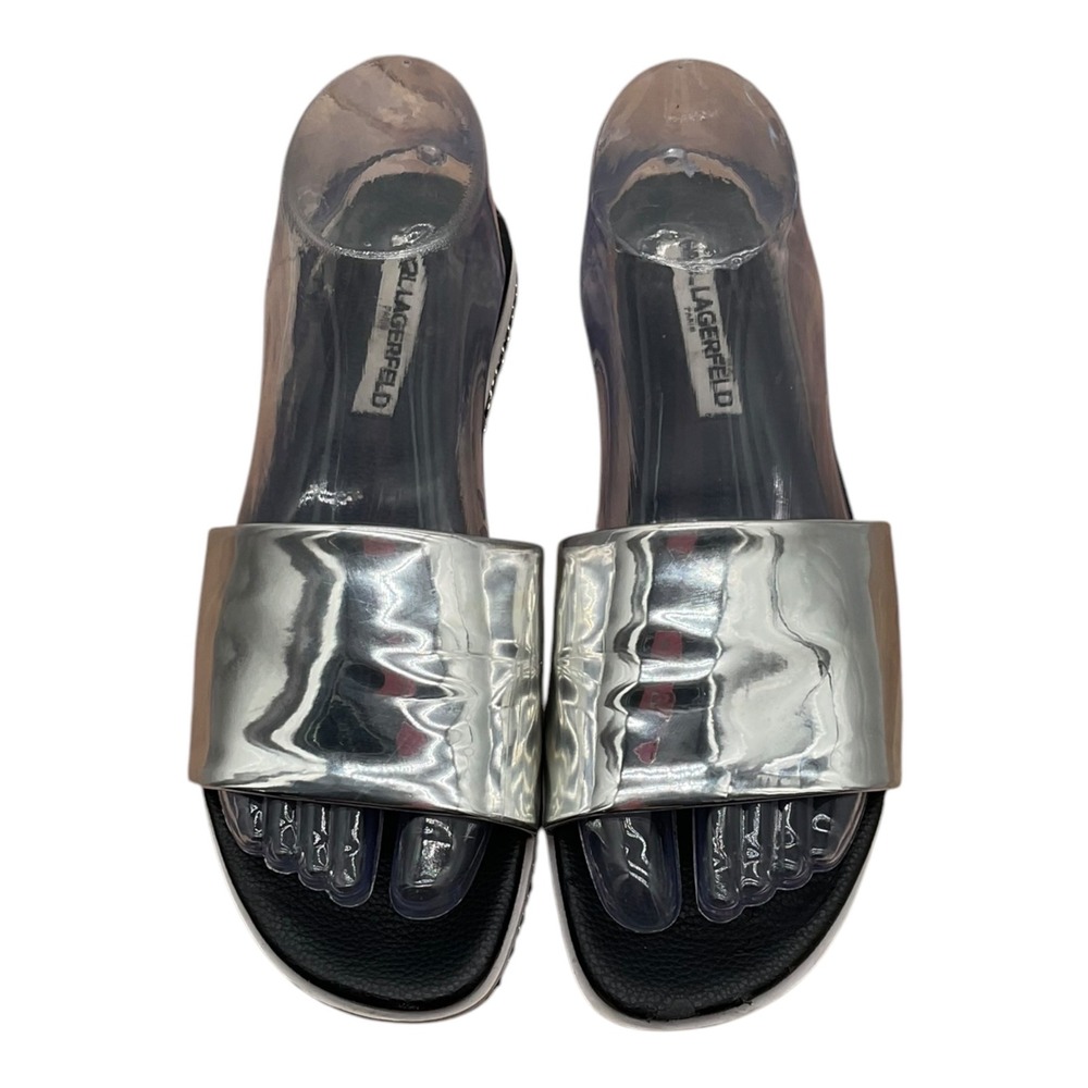 Karl‎ Lagerfeld Paris Billi3 Silver Metallic Chain Slide Sandals Mens 8M 38.5B